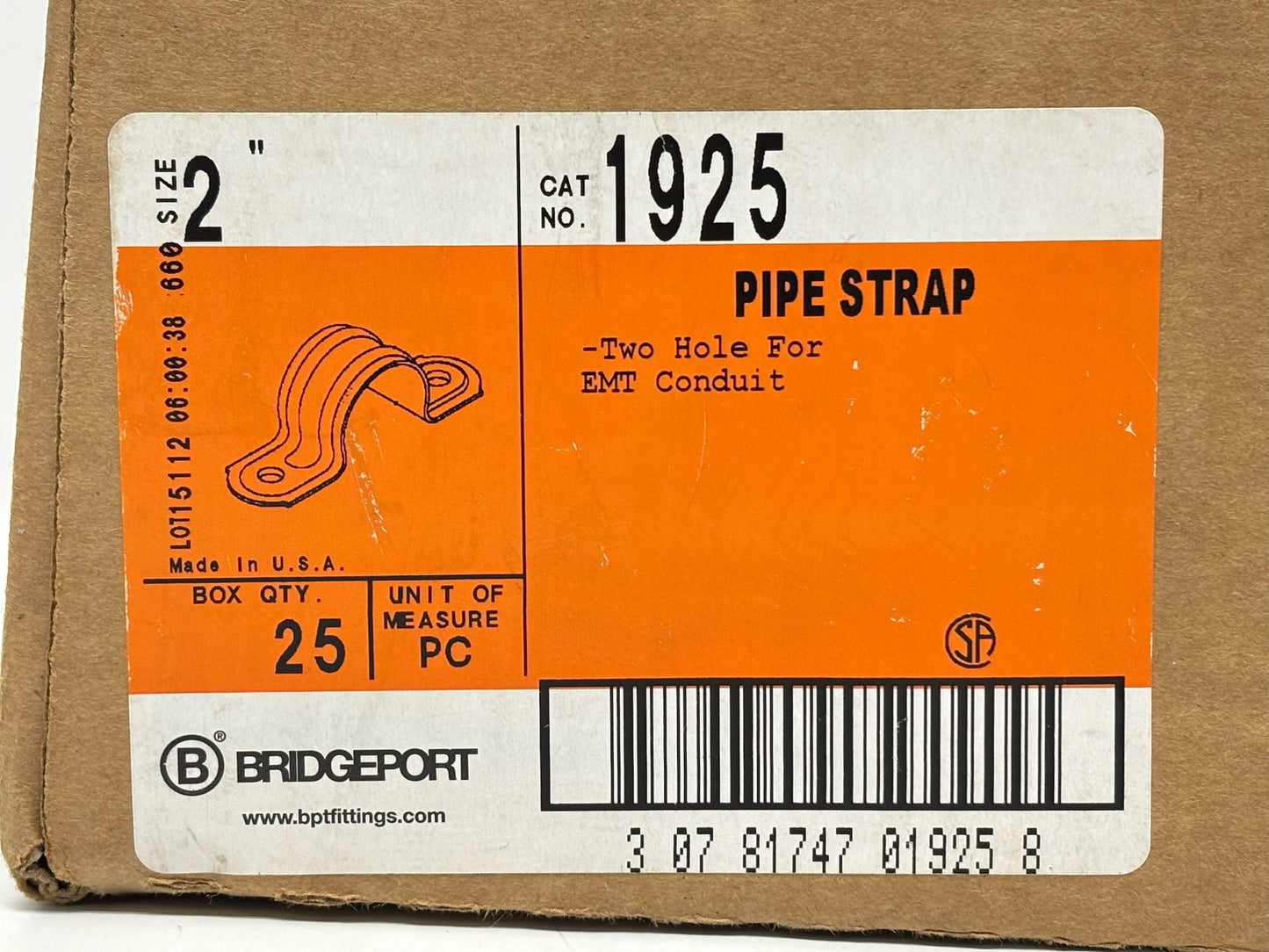25 PK Bridgeport 1925 2″ Two‑Hole EMT Pipe Strap, Zinc Steel