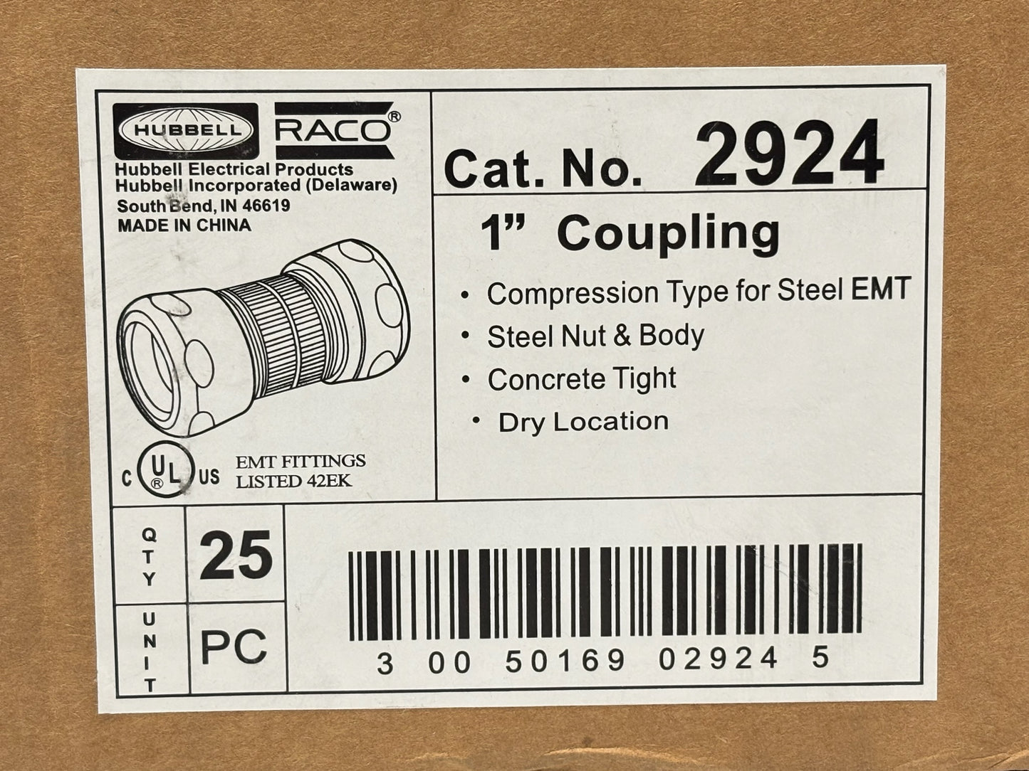 25 PK RACO 2924RT 1″ EMT Raintight Compression Coupling, Steel
