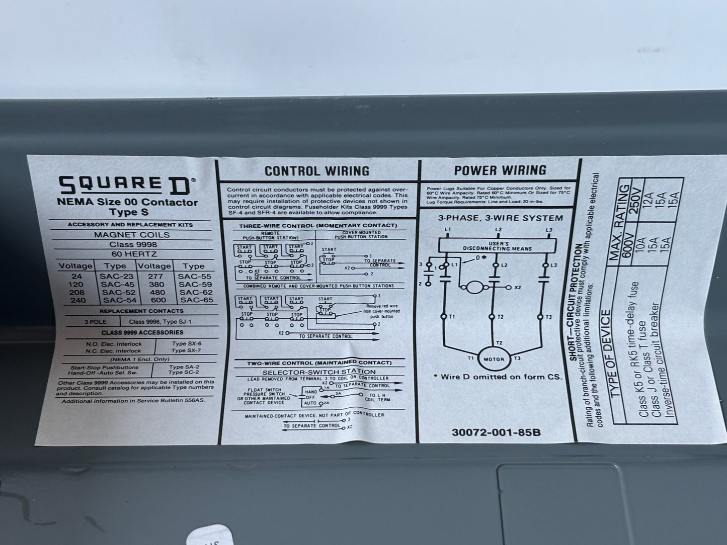 Square D 8502SAG12V02S Definite Purpose Contactor 3 Pole NEMA Size 00