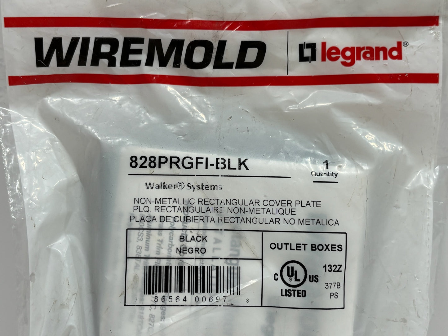 2 PK Wiremold 828PRGFI-BLK Non-Metallic Rectangular Cover Plate