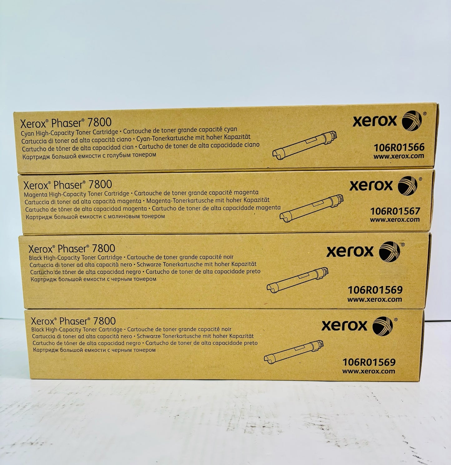4 OEM Xerox Phaser 7800 Cyan, Magenta & Blk High-Capacity Toner 106R01566, 1567, 1569