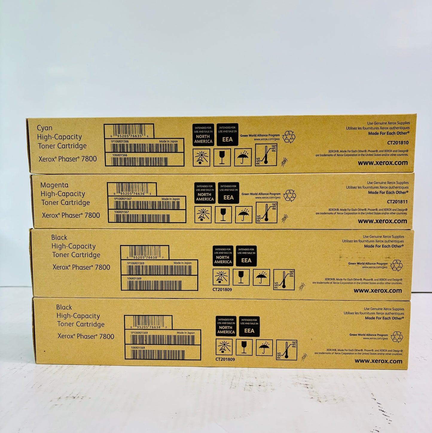 4 OEM Xerox Phaser 7800 Cyan, Magenta & Blk High-Capacity Toner 106R01566, 1567, 1569