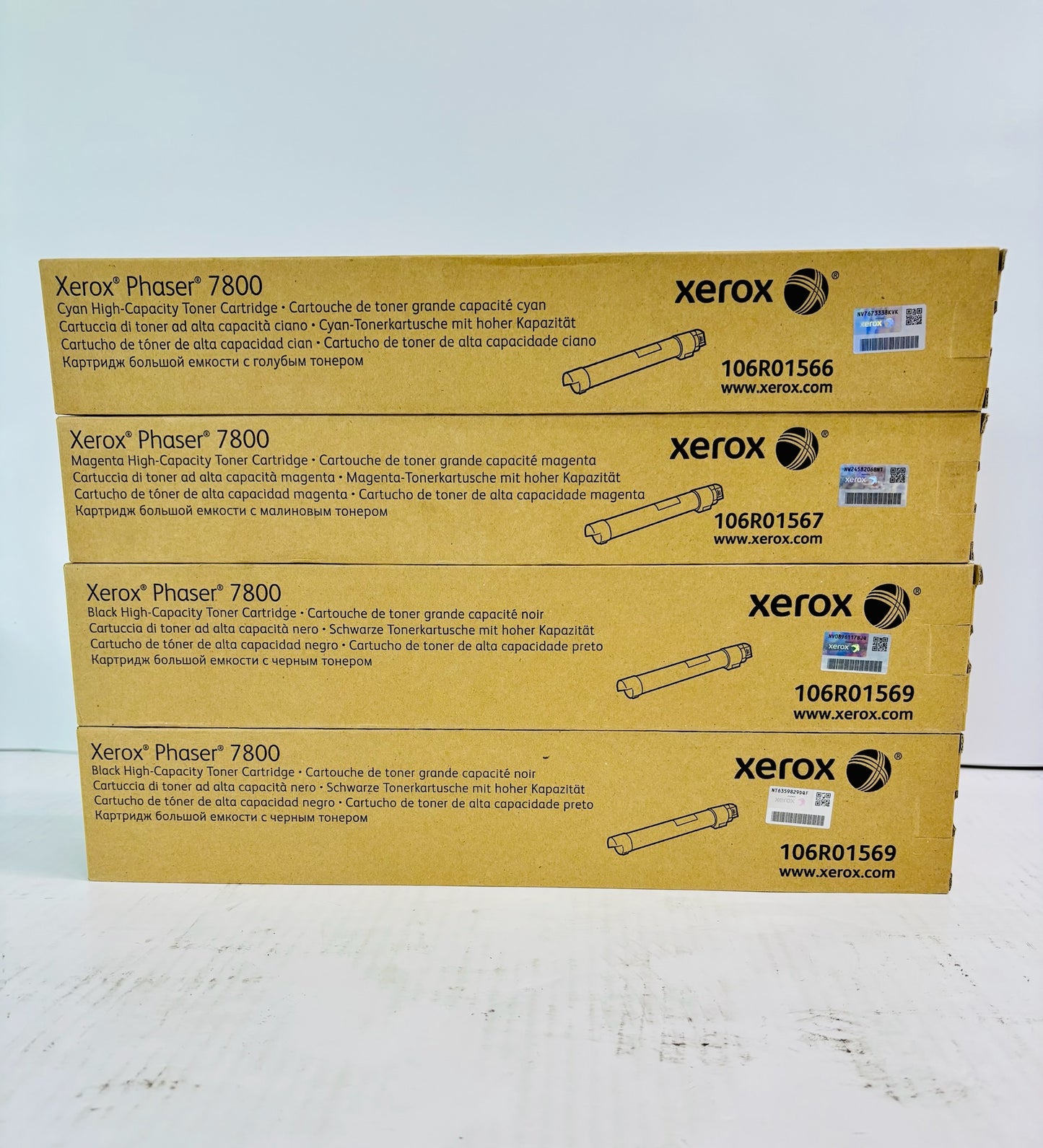 4 OEM Xerox Phaser 7800 Cyan, Magenta & Blk High-Capacity Toner 106R01566, 1567, 1569