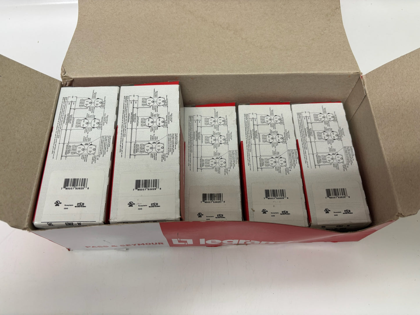 New Open 7 PC Legrand 5362-W Duplex Receptacle, 20A, 125V, Commercial Grade, White