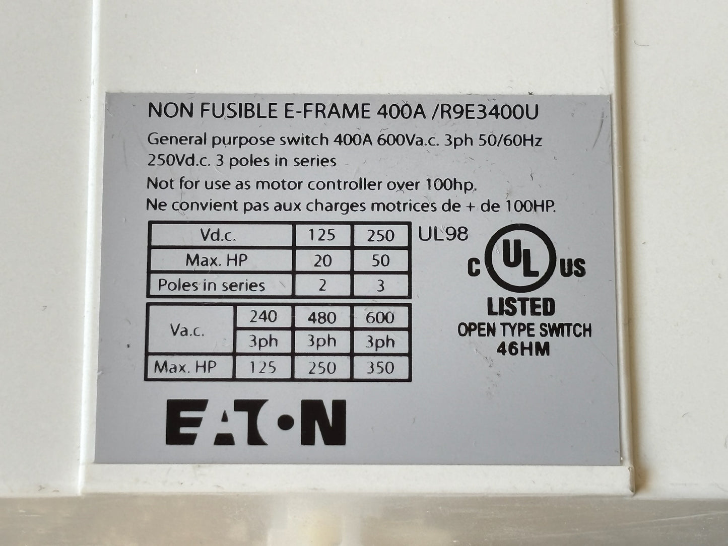 Eaton R9E3400U 400 A 3-Pole Non-Fusible Rotary Disconnect Switch 600 V - Minor Rust