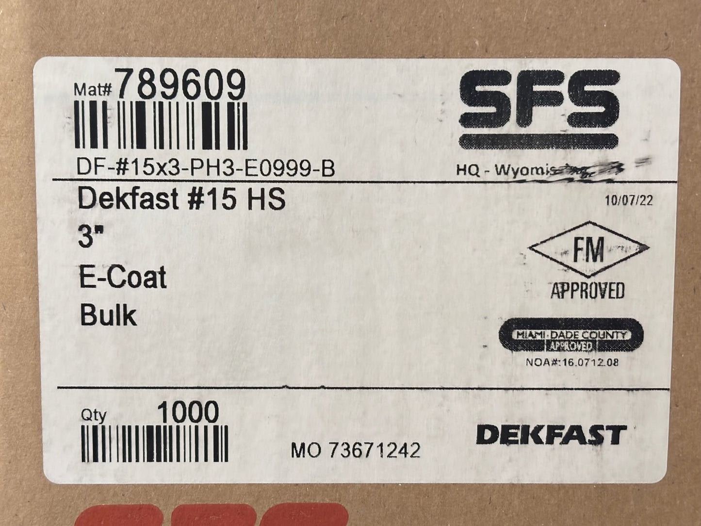 1000 PK SFS #15 × 3" Self‑Drilling Screw (Dekfast Series)