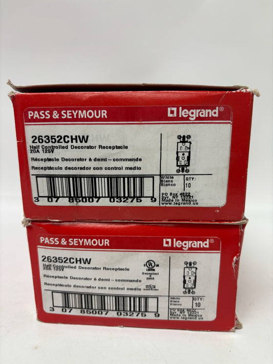New 20 PK Legrand 26352CHW Plug Load Receptacle, 20A, 125V, Half-Controlled, White