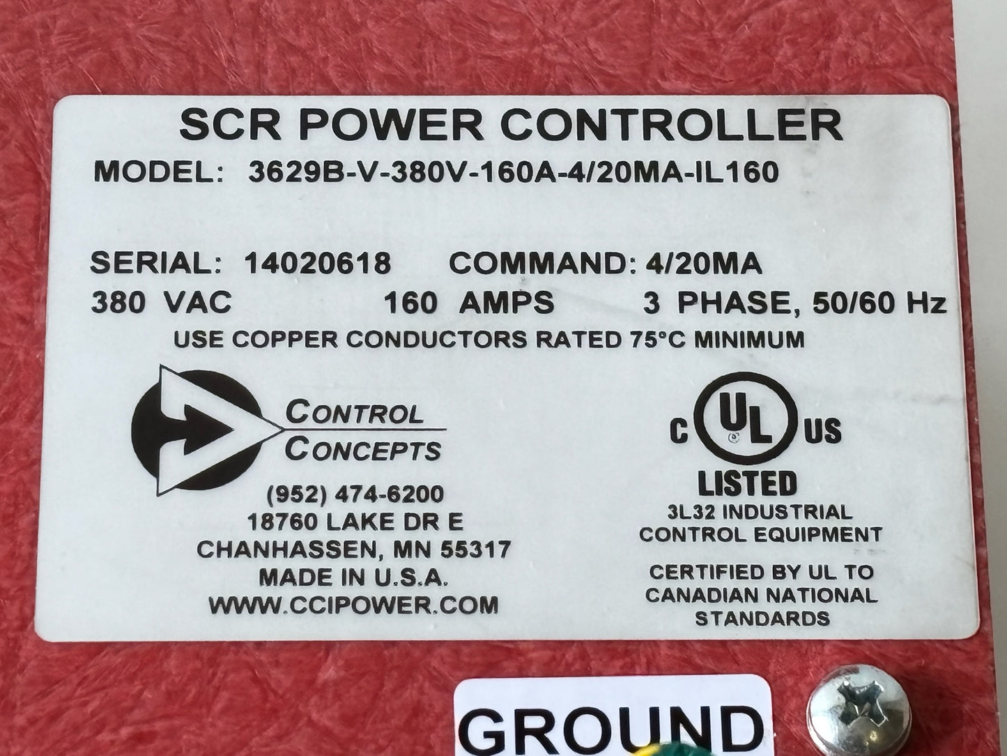 Control Concepts 3629B‑V‑380V‑160A Three-Phase SCR Power Controller 380V 160A