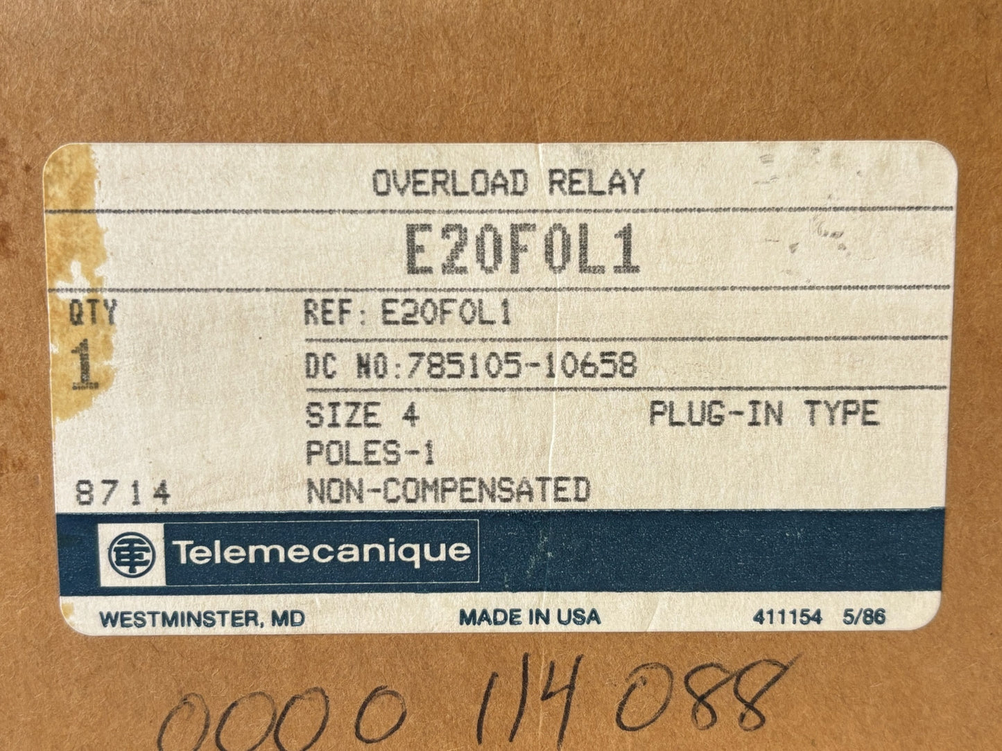 4PK Telemecanique E20F0L1 Size 4 Solid‑State Overload Relay Kit 85‑115 A 600 V