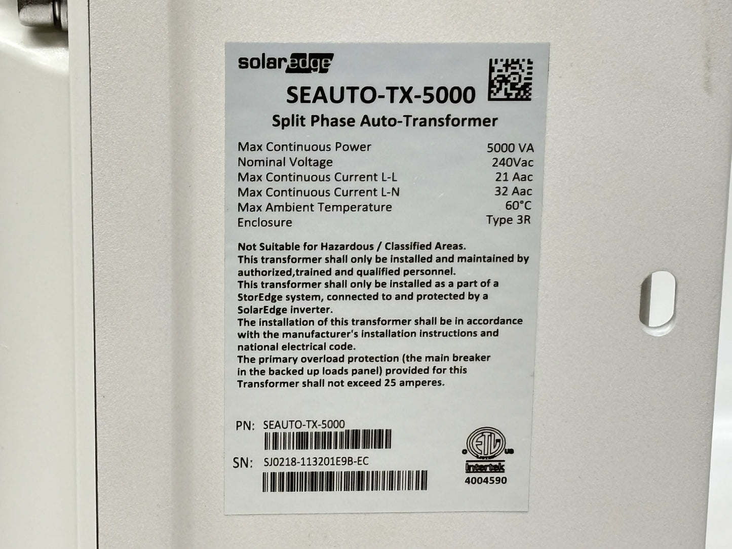SolarEdge SEAUTO-TX-5000 Auto Transformer, 5kVA, 120/240V
