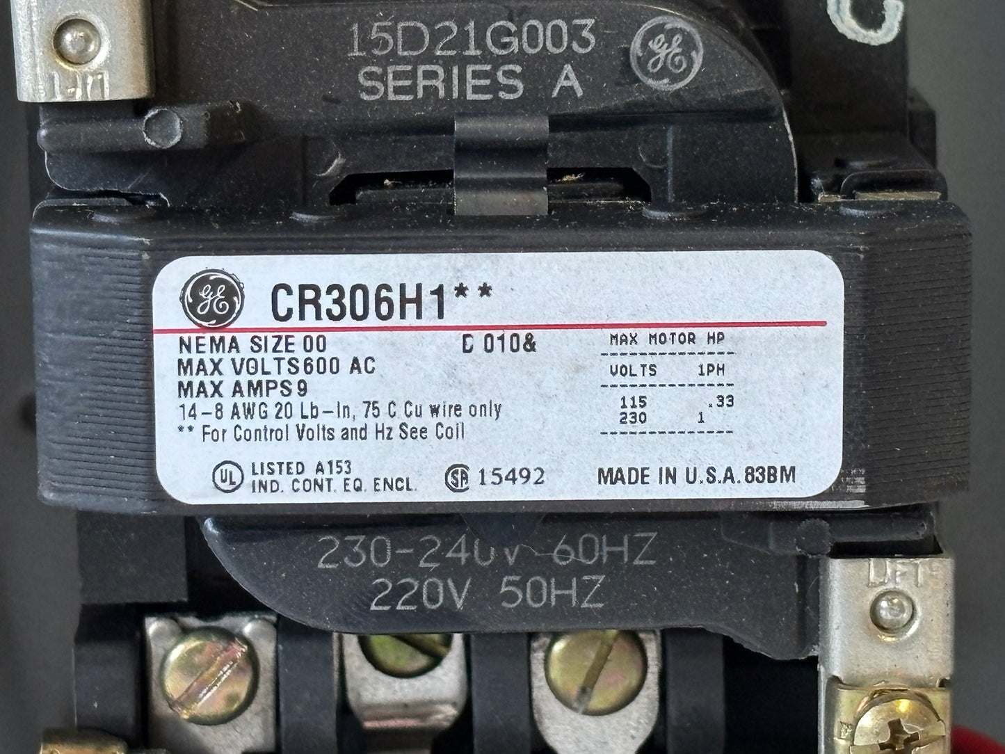 General Electric CR306H1 Full-Voltage Magnetic Starter Size 00 600 V Max
