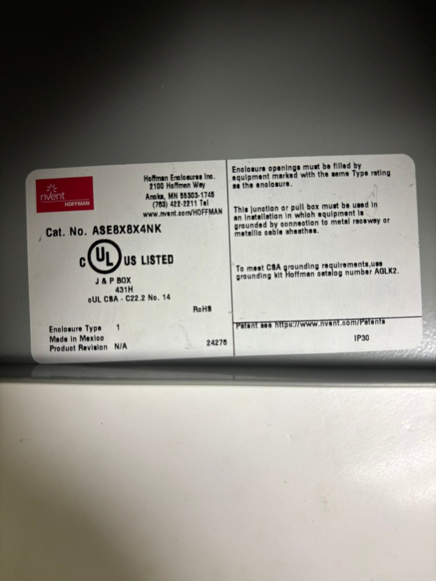 2 PK nVent Hoffman ASE8X8X4NK Pull Box – 8x8x4" NEMA 1 Screw-Cover Enclosure