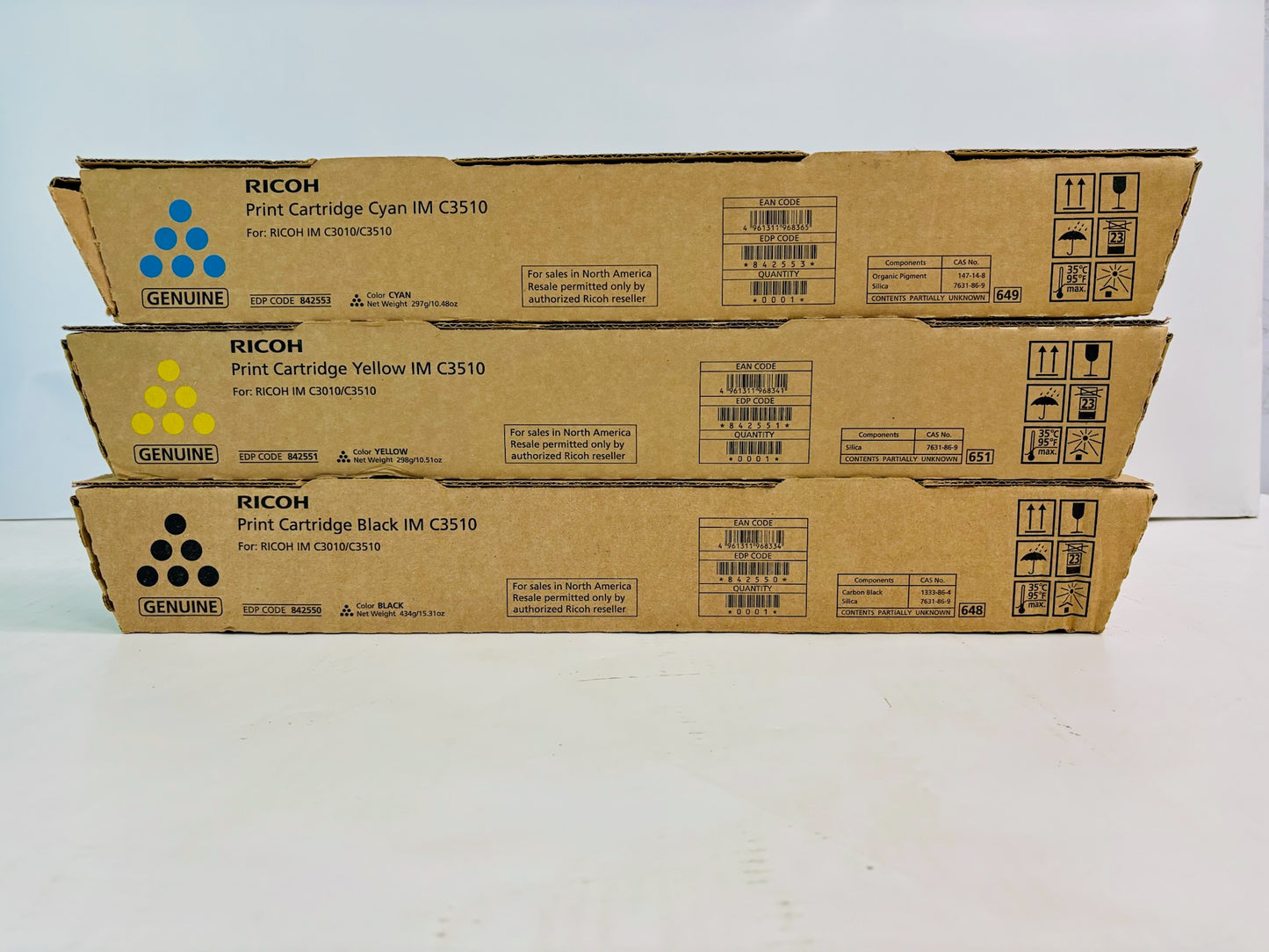 3 Genuine Ricoh IM C3010 Cyan, Yellow, & Black Print Cartridge 842550, 51,53