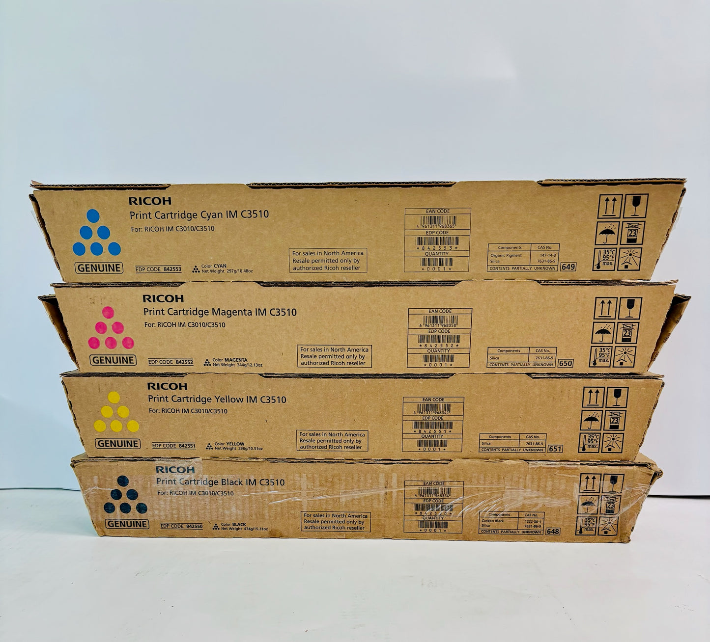 4 OEM Ricoh IM C3010 Cyan,Magenta, Yellow & Black Print Cartridge 842550, 51,52, 53