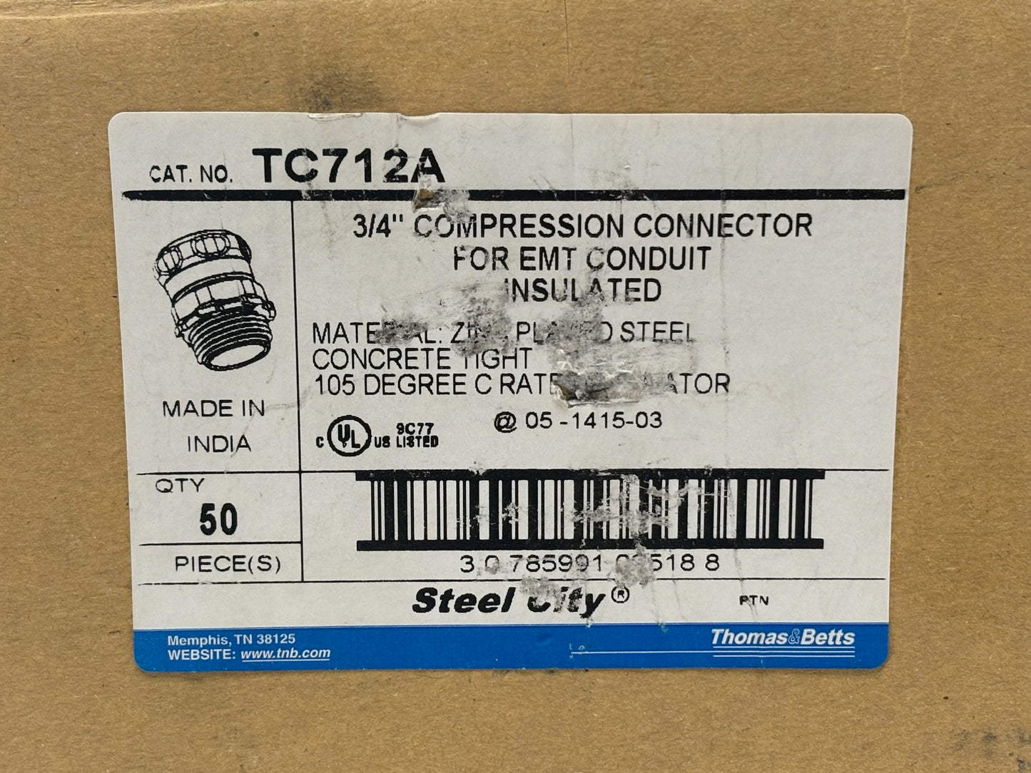 50PK Steel City TC712A 3/4" Insulated EMT Compression Connector