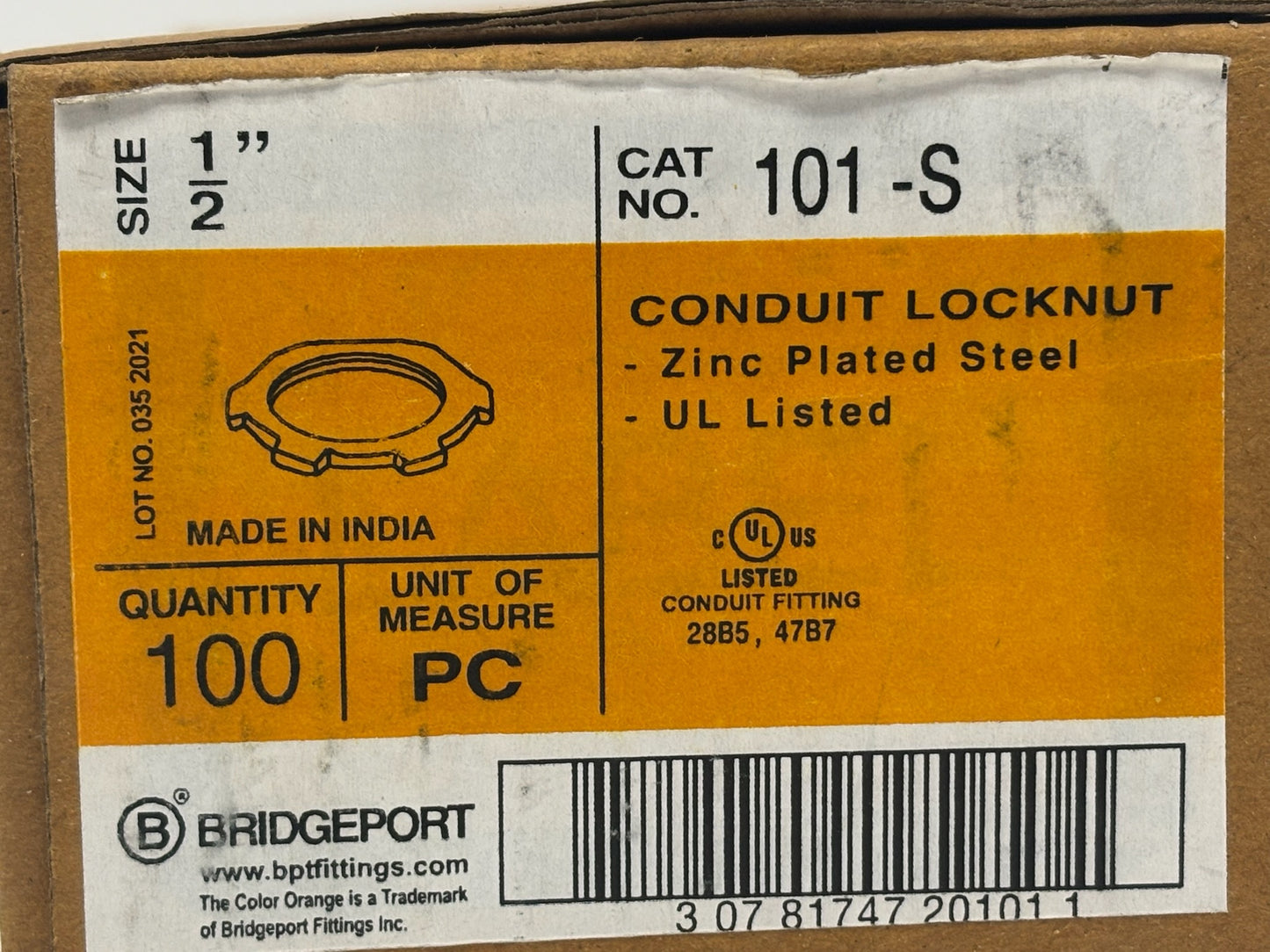 100PK Bridgeport 101-S 1/2" Steel Conduit Locknut, Zinc-Plated