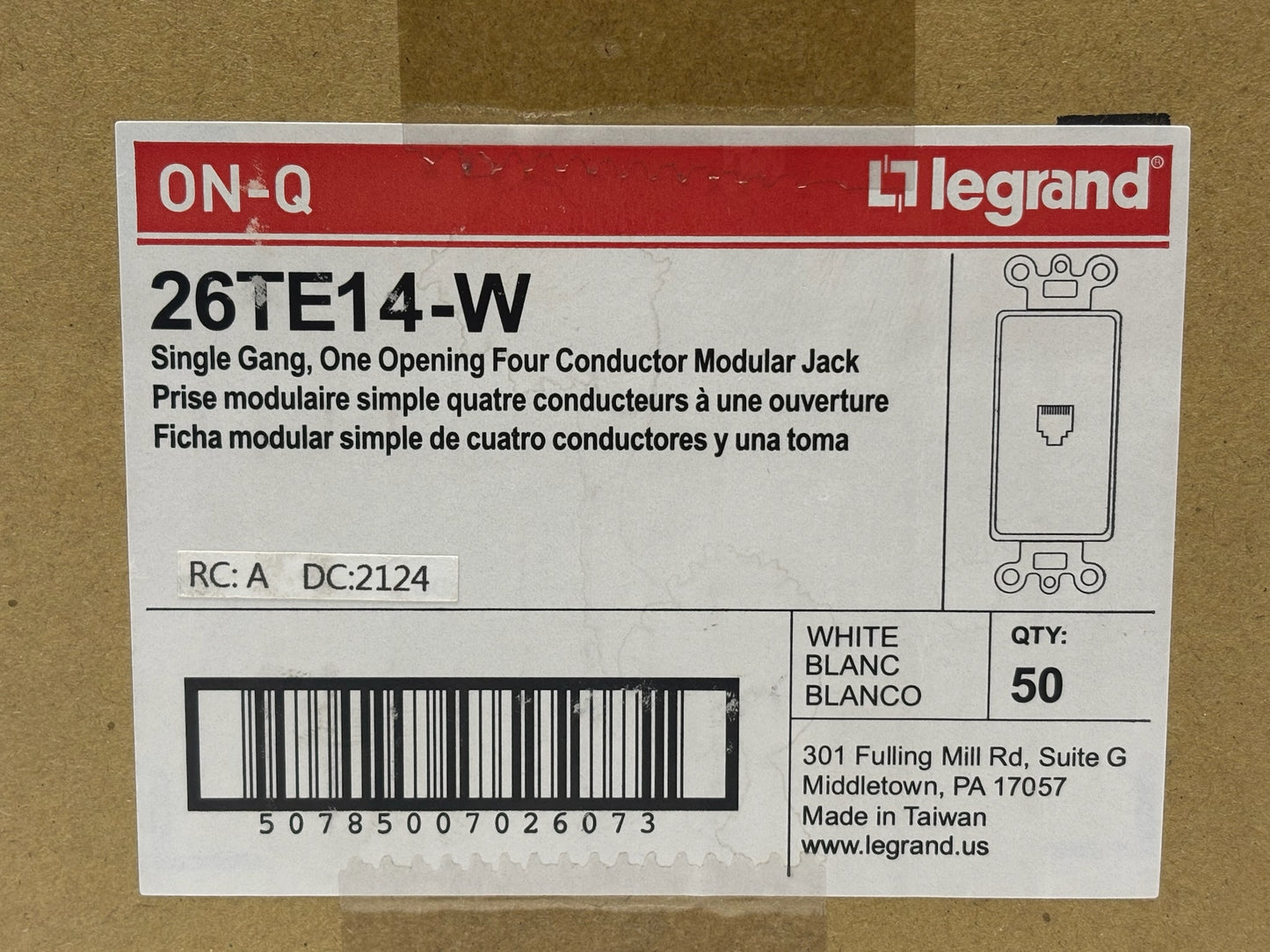 50PK Legrand On‑Q 26TE14‑W 1‑Gang Decorator RJ11 Telephone Jack, White