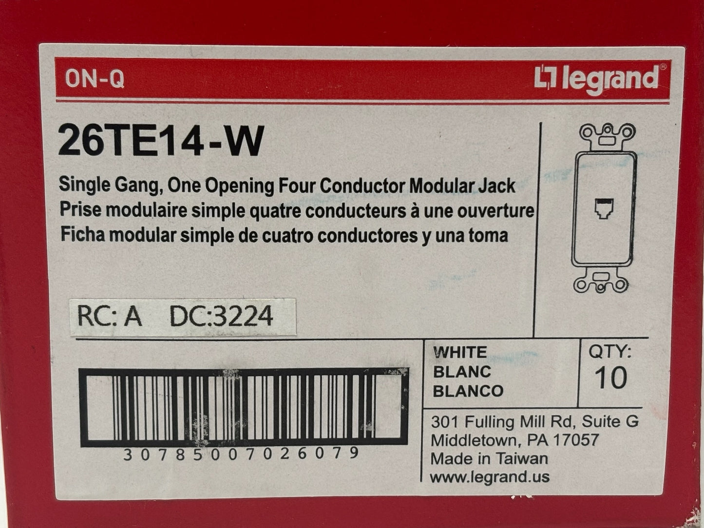10PK Legrand On‑Q 26TE14‑W 1‑Gang Decorator RJ‑11 Wall Jack, White