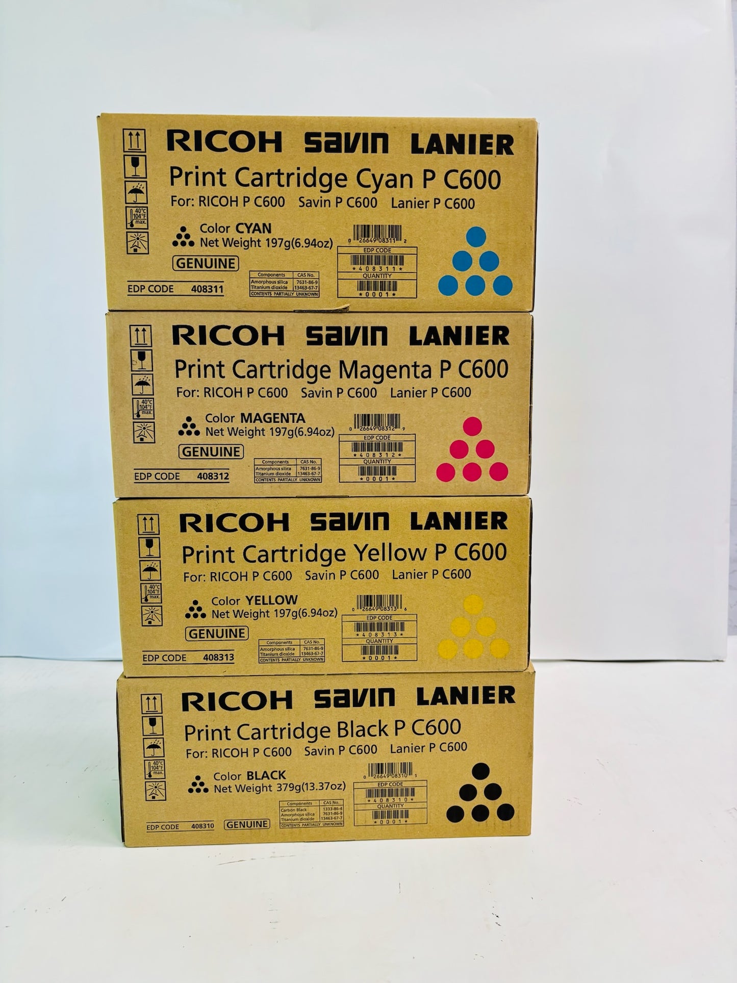 4 Genuine Ricoh C600 Cyan, Magenta, Yellow, Black Print Cartridge 408310,311,312,313
