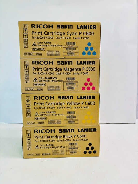 4 Genuine Ricoh C600 Cyan, Magenta, Yellow, Black Print Cartridge 408310,311,312,313