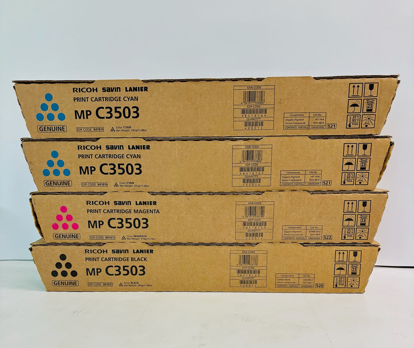 4 Genuine Ricoh MPC3503 Cyan, Magenta & Black Print Cartridge 841813, 15, 16 CCMK