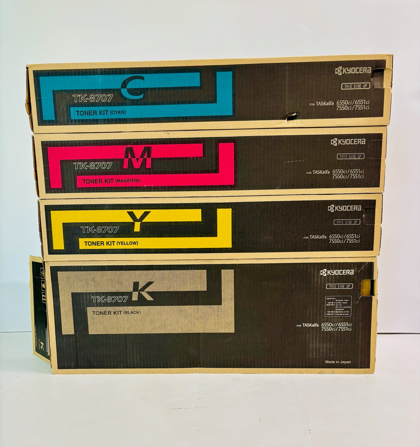 4 Open OEM Kyocera TASKalfa 6550ci, 6551ci Cyan, Mag., Yellow & Black Toner TK-8707