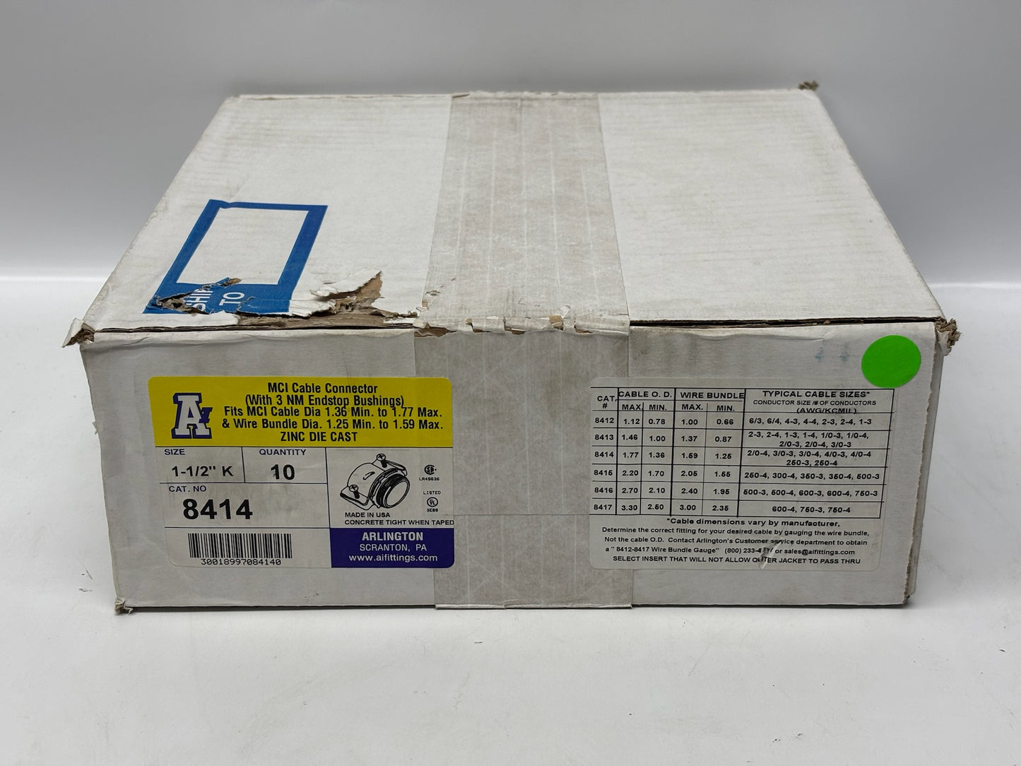 New 10 PK Arlington 8414 1-1/2" Zinc Die-Cast MC Cable Connectors with End Stops