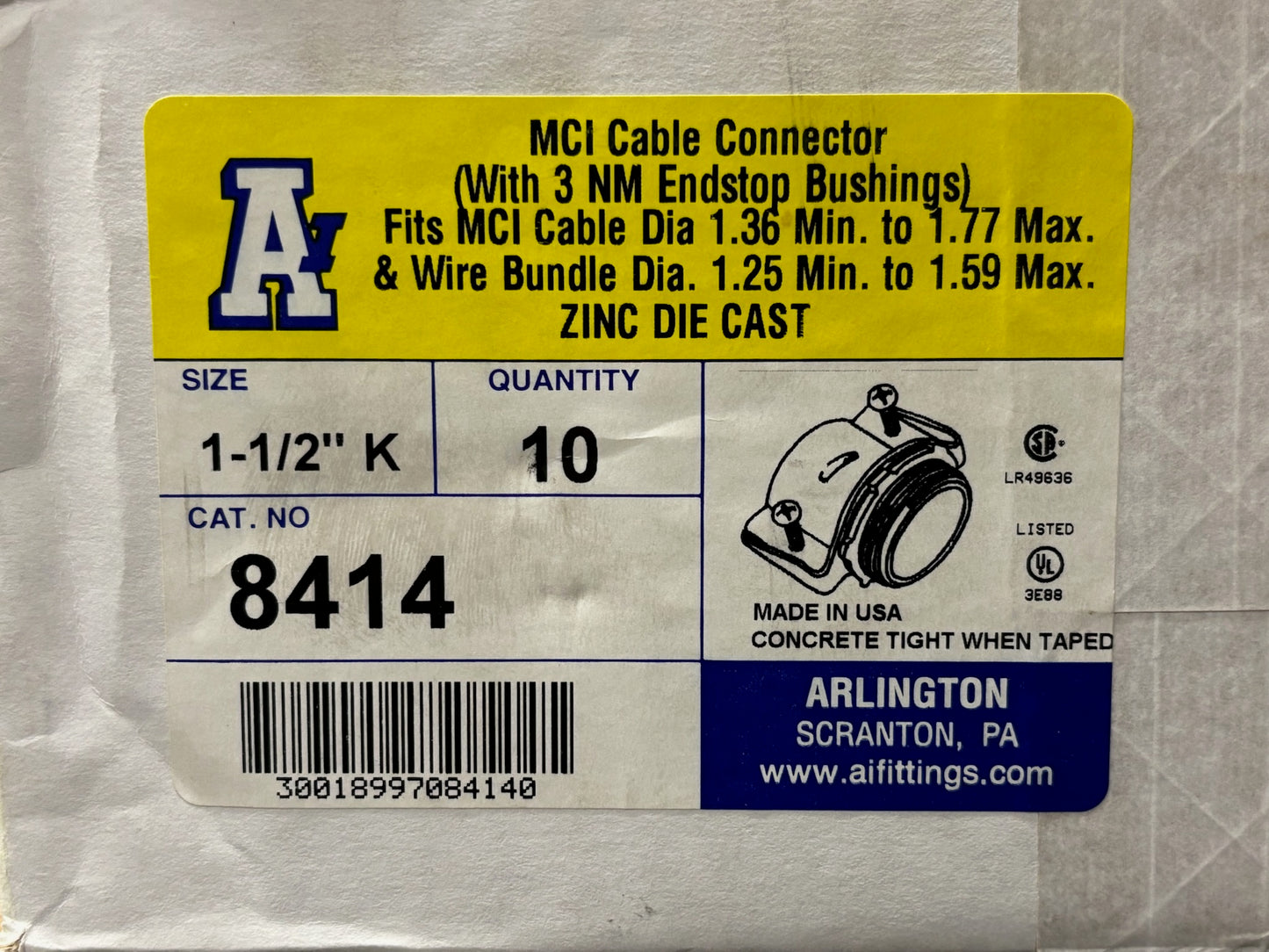 New 10 PK Arlington 8414 1-1/2" Zinc Die-Cast MC Cable Connectors with End Stops