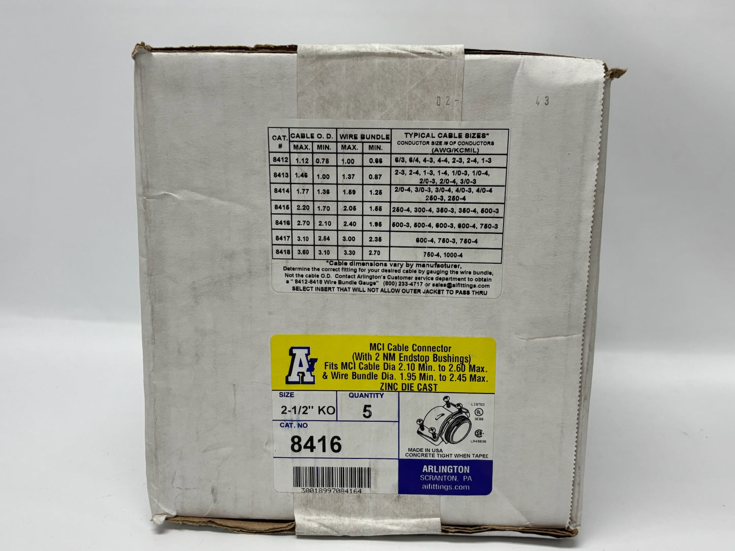 5 PK Arlington 8416 2-1/2" MCI Cable Connector Zinc Die-Cast Multi-Cable Fitting