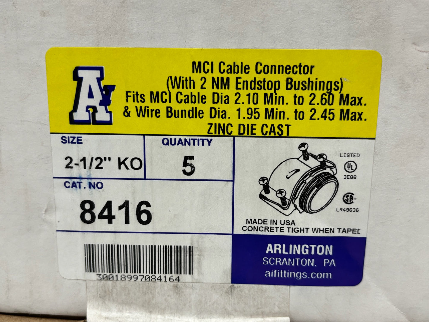 5 PK Arlington 8416 2-1/2" MCI Cable Connector Zinc Die-Cast Multi-Cable Fitting