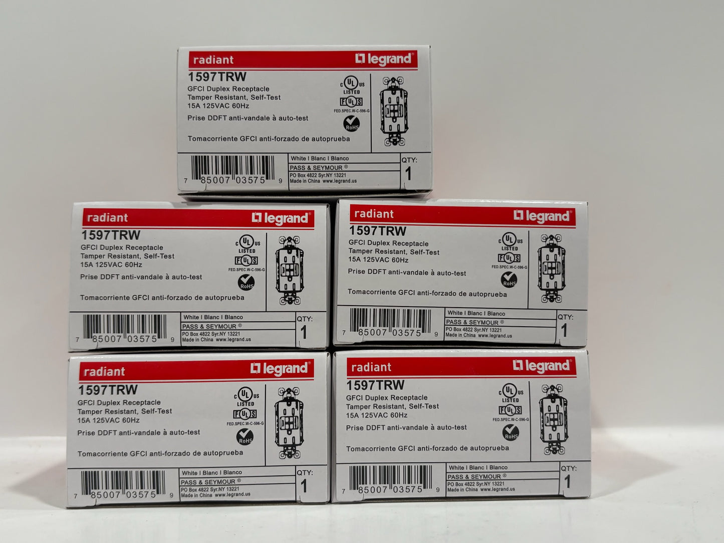 New 5 PK Legrand 1597TRW Tamper-Resistant 15A Duplex Self-Test GFCI
