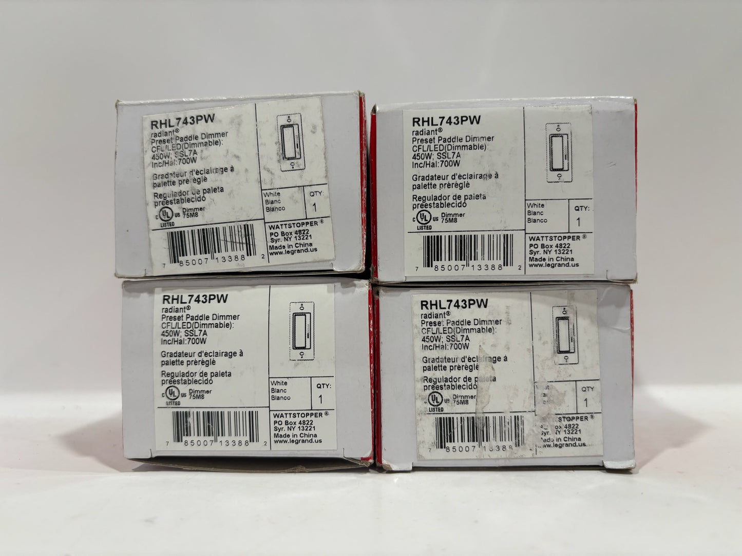 New 4 Pk Legrand RHL743PW  Single Pole/3-Way LED/CFL Radiant Dimmer, White
