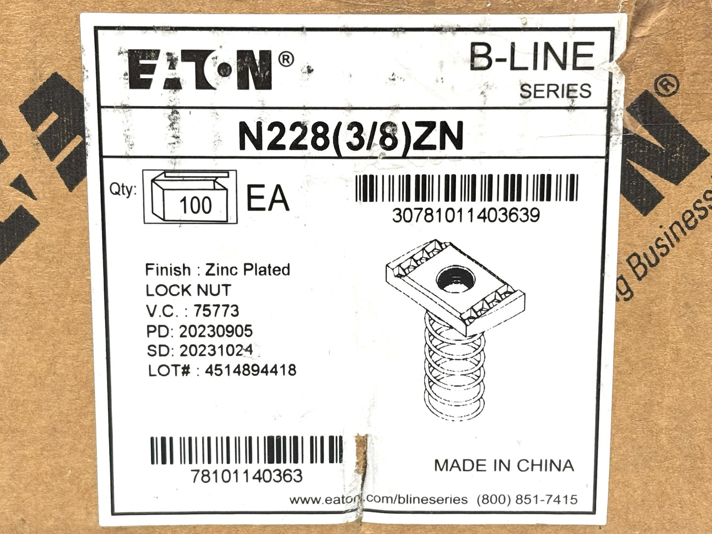 100PK Eaton B‑Line N228ZN Spring Nut, 3/8″‑16 Thread, Zinc‑Plated Steel