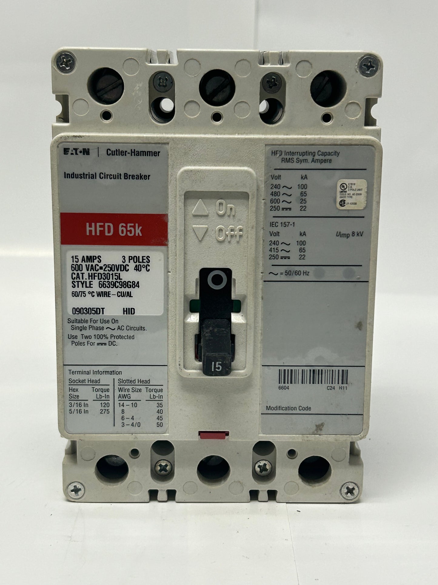 EATON HFD3015L Industrial Circuit Breaker 3P 15A 600 Vac 250 Vdc 65 kAIC at 480 Vac 50/60 Hz