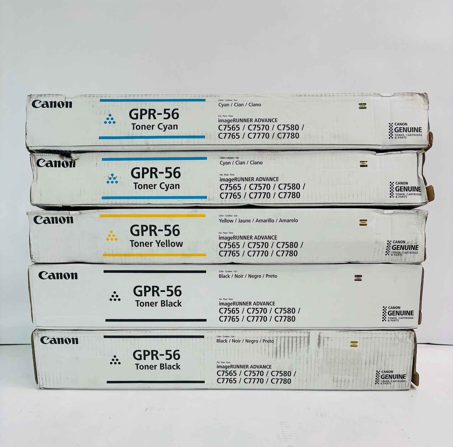 5 Genuine Canon iR ADVANCE C7565i, C7565i II Cyan, Yellow, & Black Toner GPR-56 CCYKK