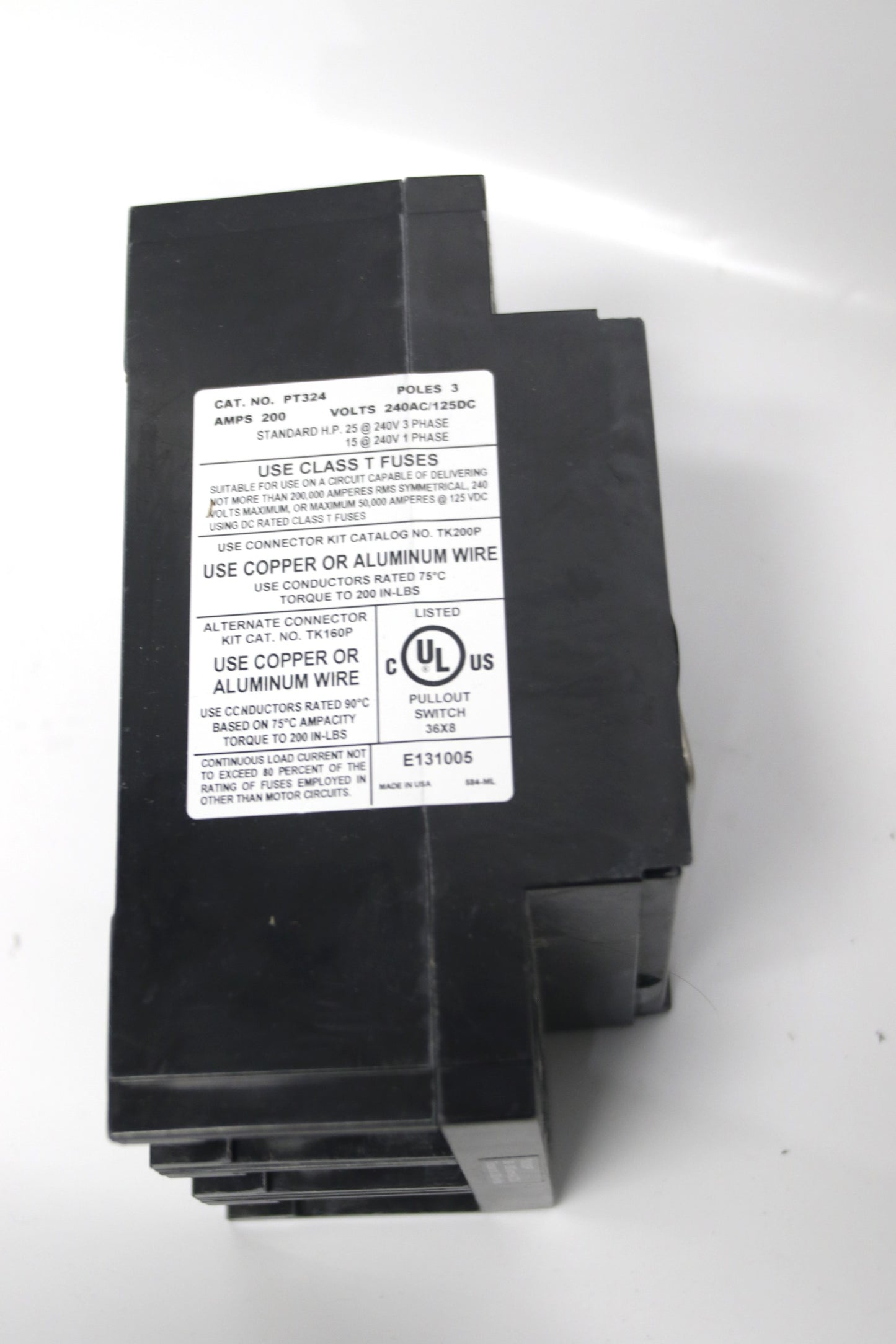 Boltswitch (PT324) Pullout Switch 3 Poles 200 Amps 240V AC/125V DC Class T Fuses