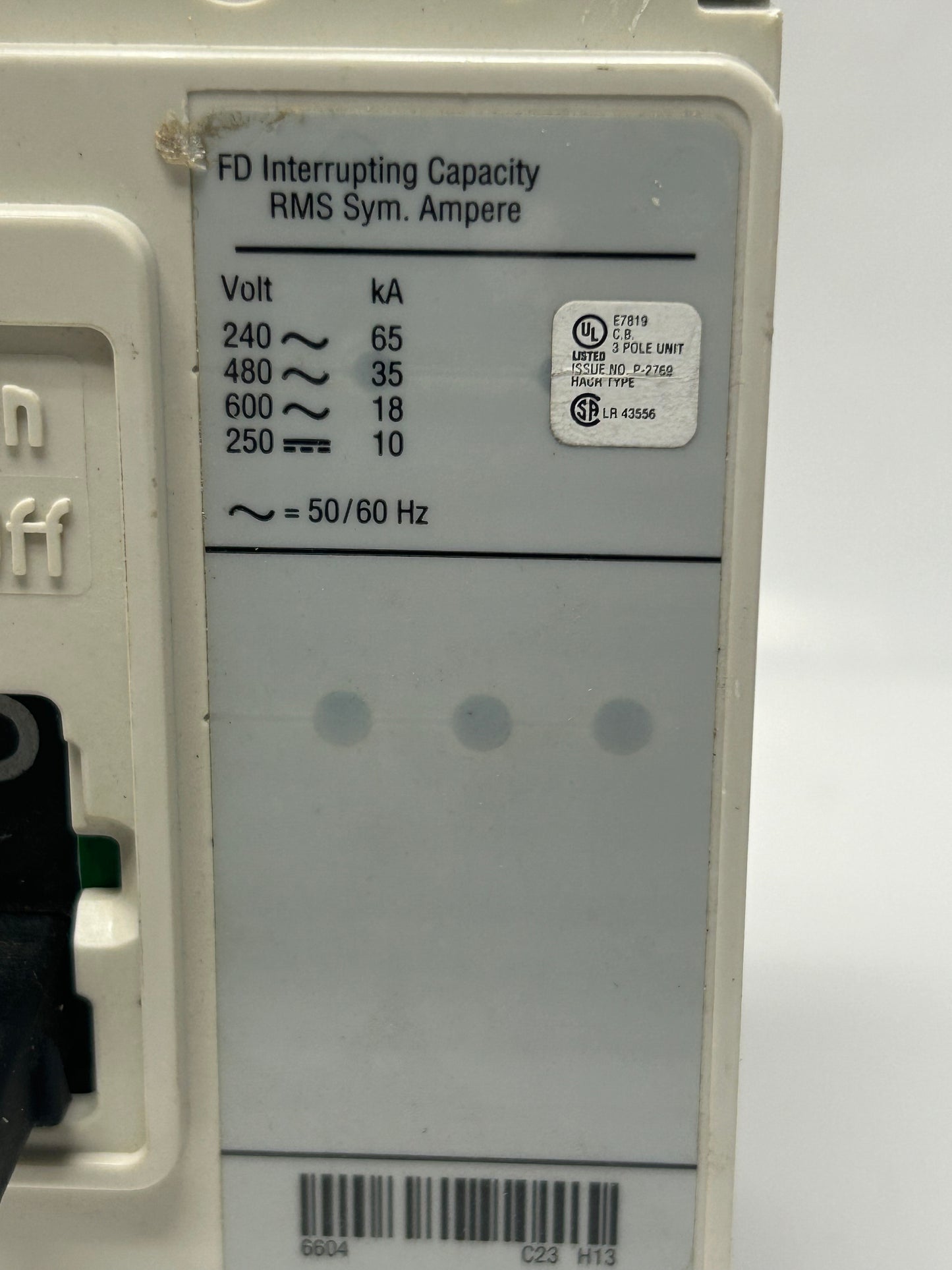 EATON FD3050BP10 Industrial Circuit Breaker 3Poles 50A 600 Vac 250 Vdc FD35K