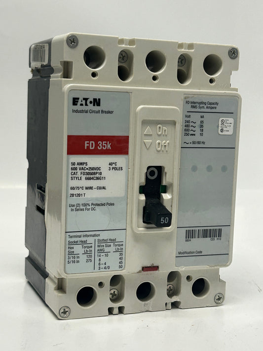 EATON FD3050BP10 Industrial Circuit Breaker 3Poles 50A 600 Vac 250 Vdc FD35K