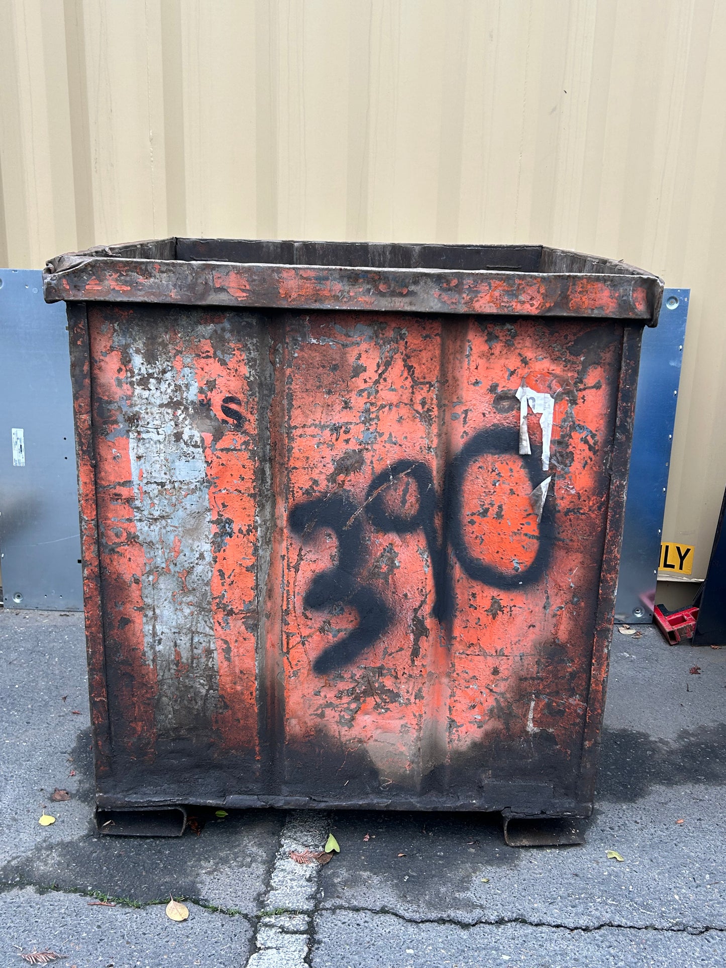 Orange Metal Square Bin 48 x 44 x 43 with Fork Lift Slots - Used