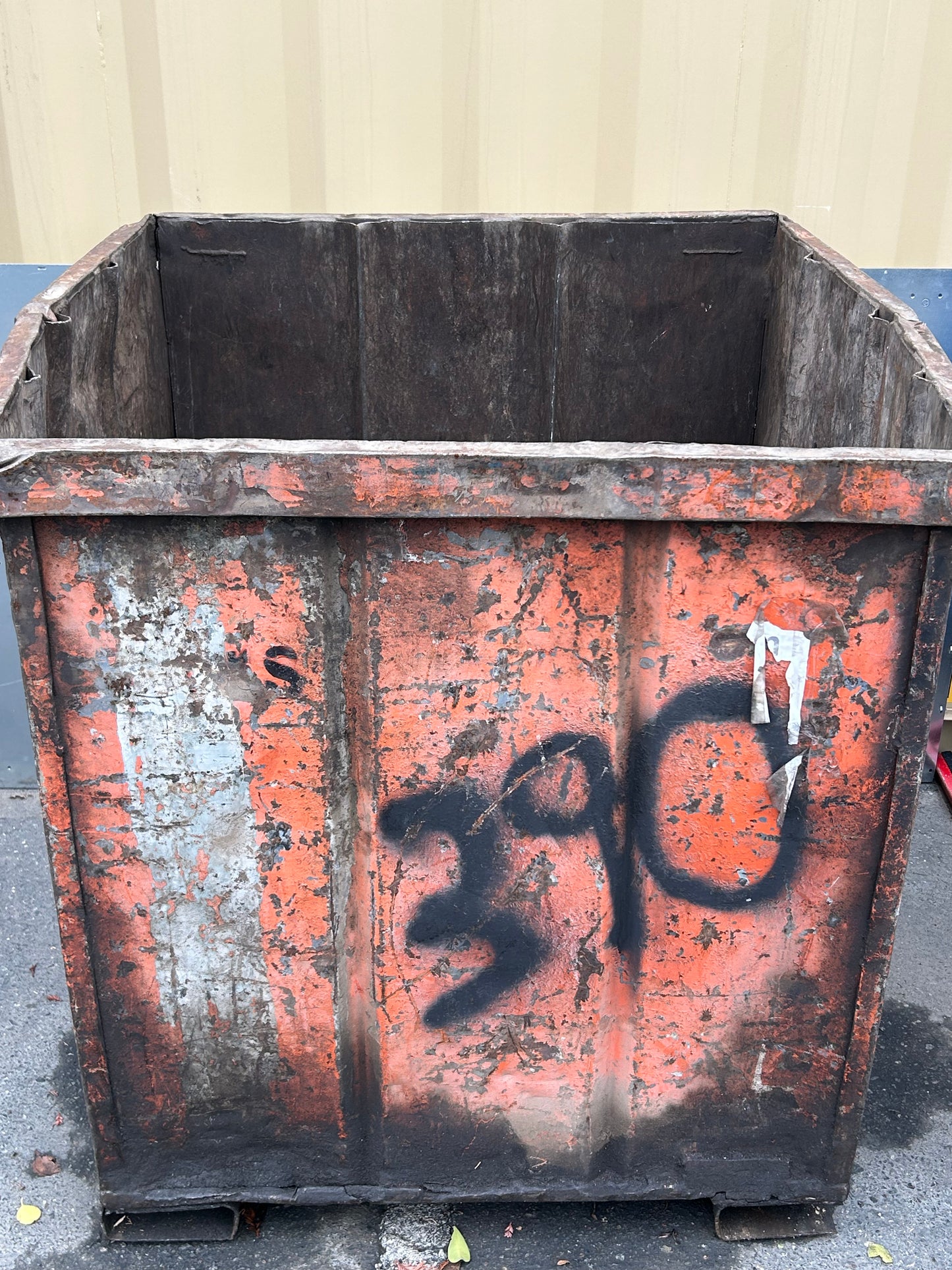 Orange Metal Square Bin 48 x 44 x 43 with Fork Lift Slots - Used