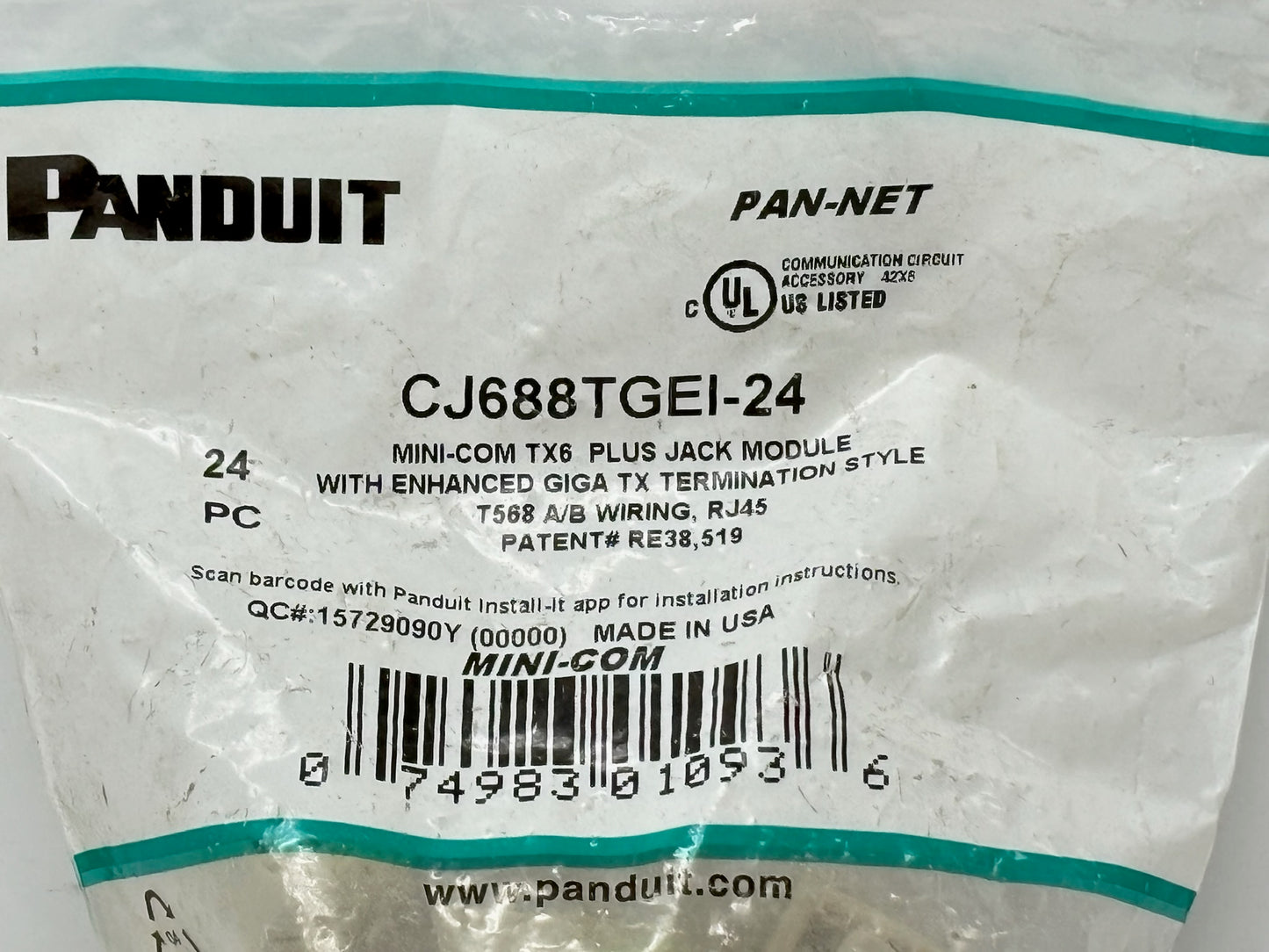 24PK Panduit CJ688TGEI-24 Cat6 Mini-Com RJ45 Jack Module, 24-Pack, Ivory