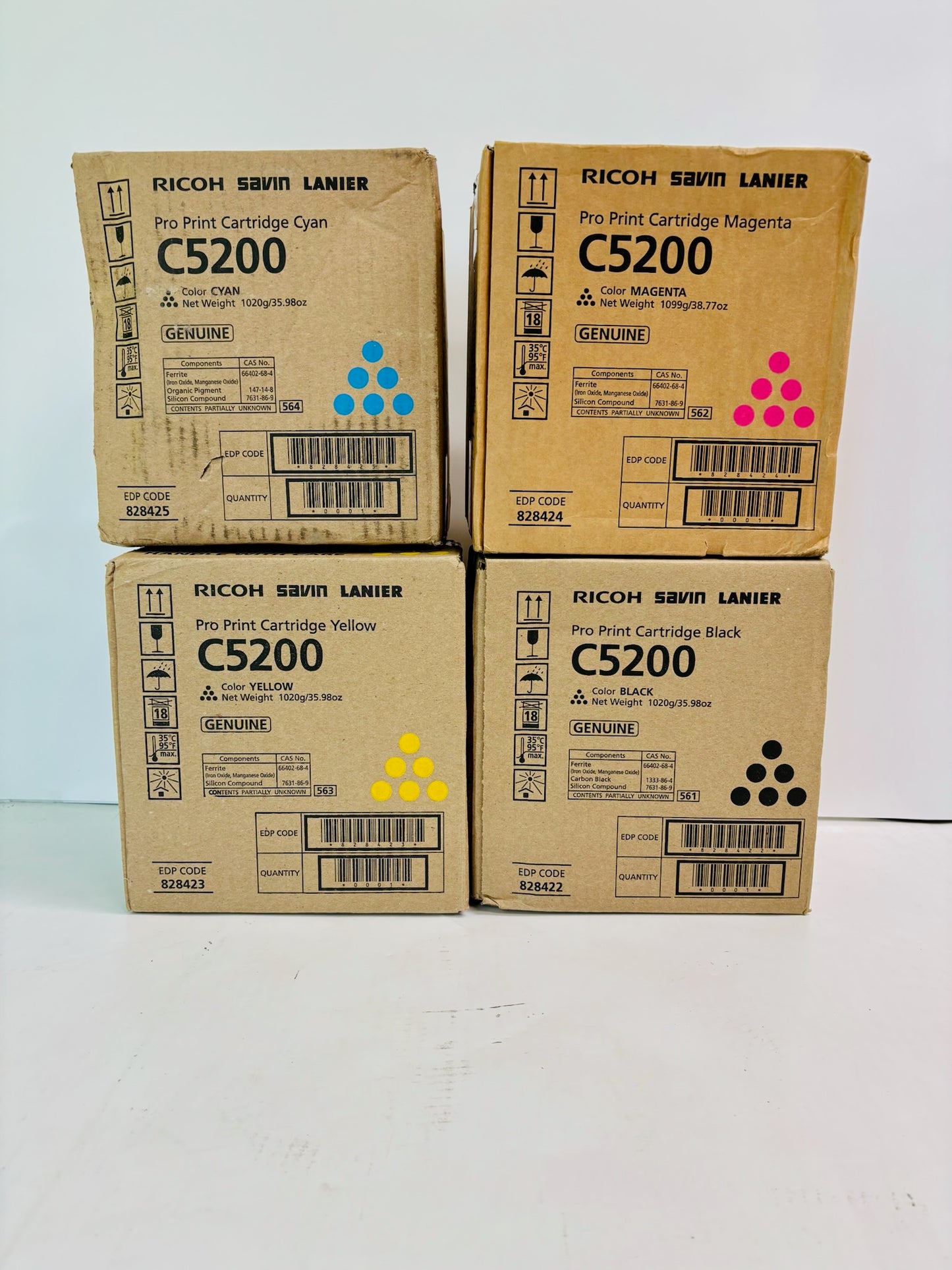 4 OEM Ricoh Pro C5200S, C5210s Cyan, Mag, Yellow & Black Toner 828422,23,24,25