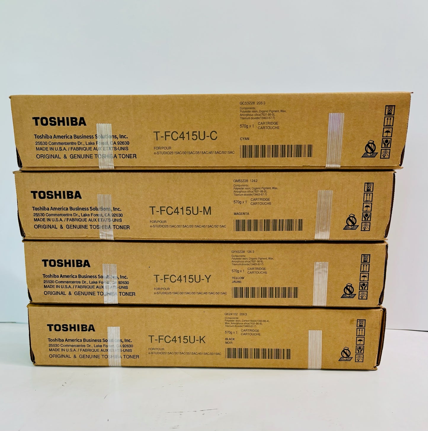 4 Genuine Toshiba 2515AC, 3015AC Cyan, Magenta, Yellow & Black Toner T-FC415U CMYK