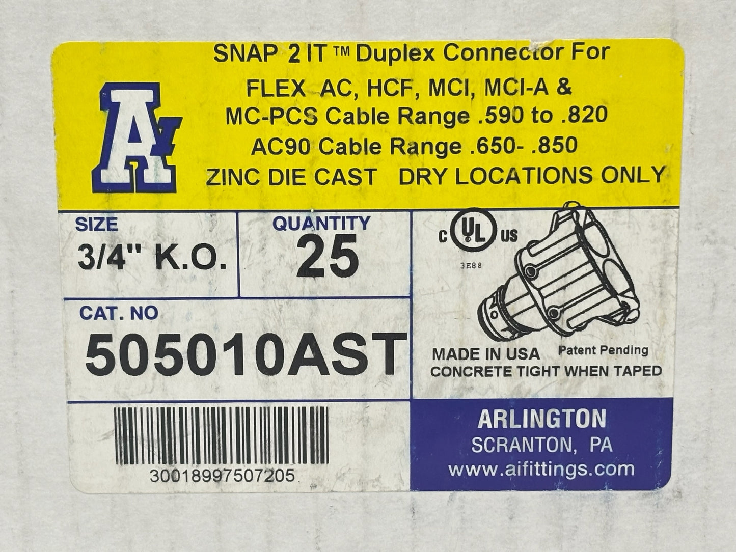 25PK Arlington 505010AST Duplex Cable Connector – ½″ Trade, ¾″ Knockout