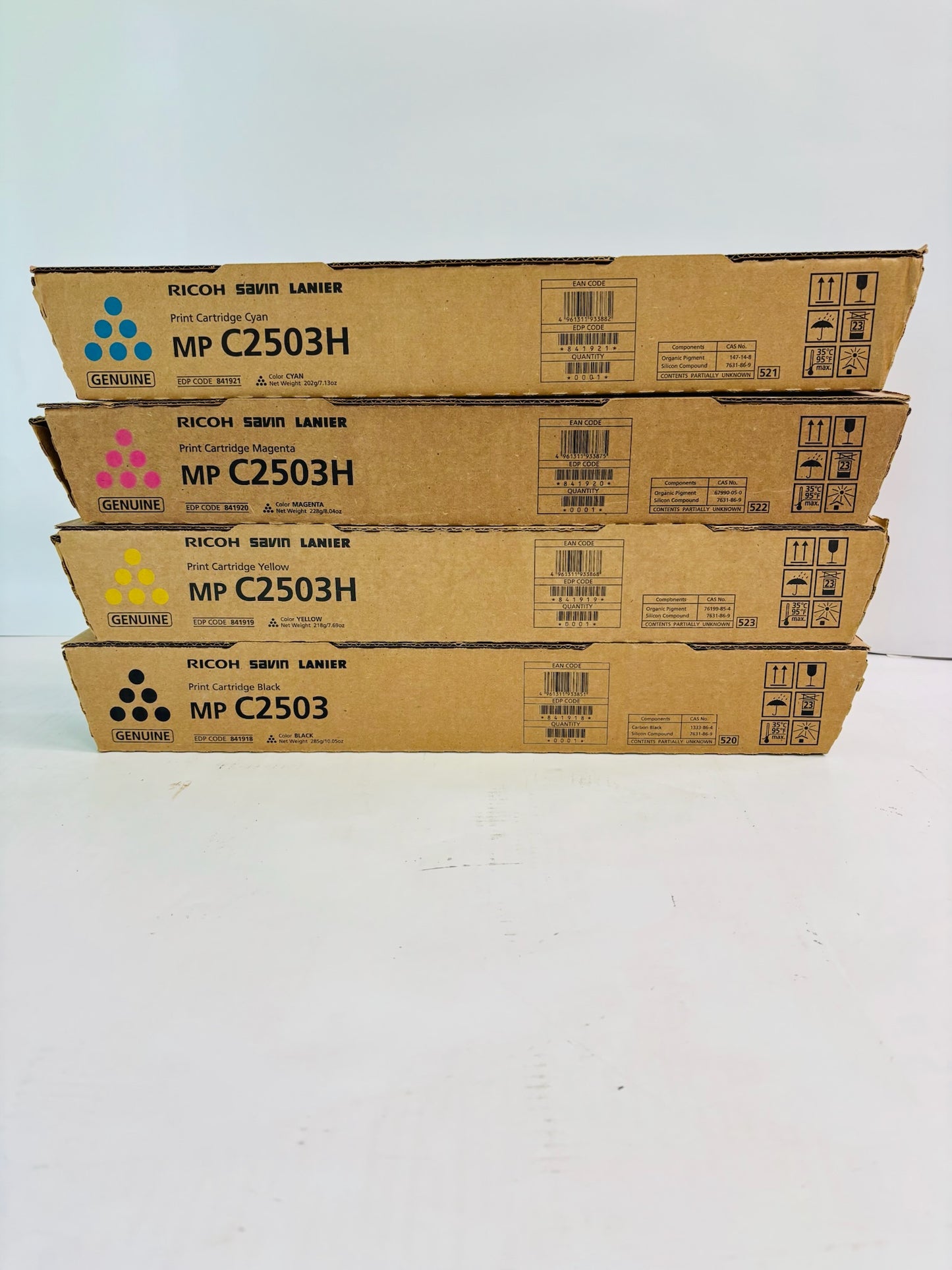 4 Genuine Ricoh MPC2503, C2004 Cyan, Mag, Yellow & Black Toner 841918,19,20,21