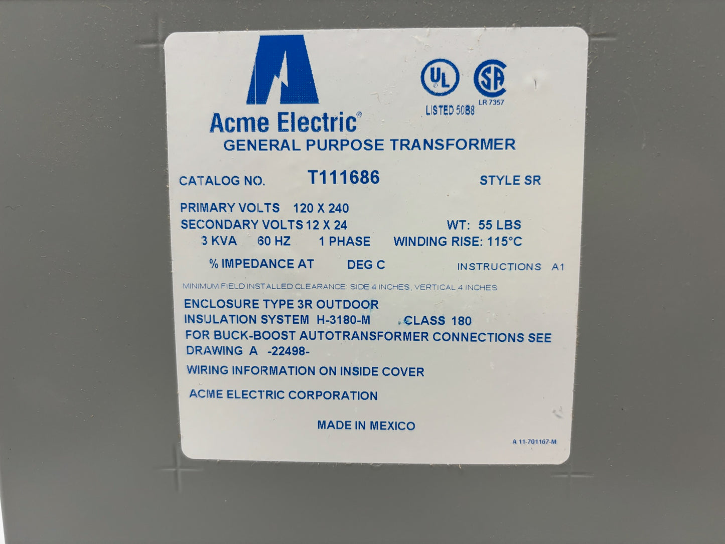 Acme T111686 3 kVA Encapsulated Single-Phase Buck-Boost Transformer 120/240V