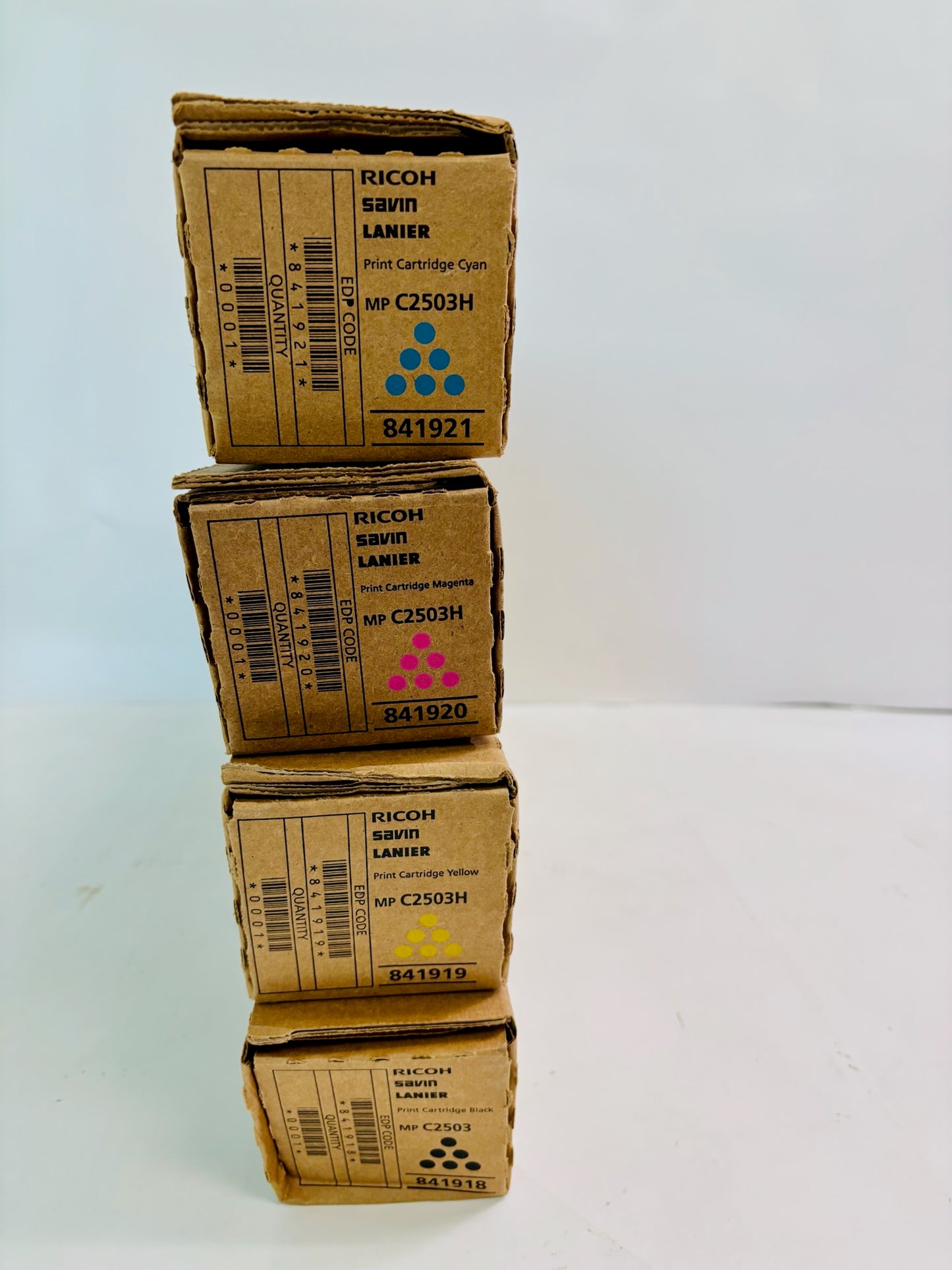 4 Genuine Ricoh MPC2503, C2004 Cyan, Mag, Yellow & Black Toner 841918,19,20,21