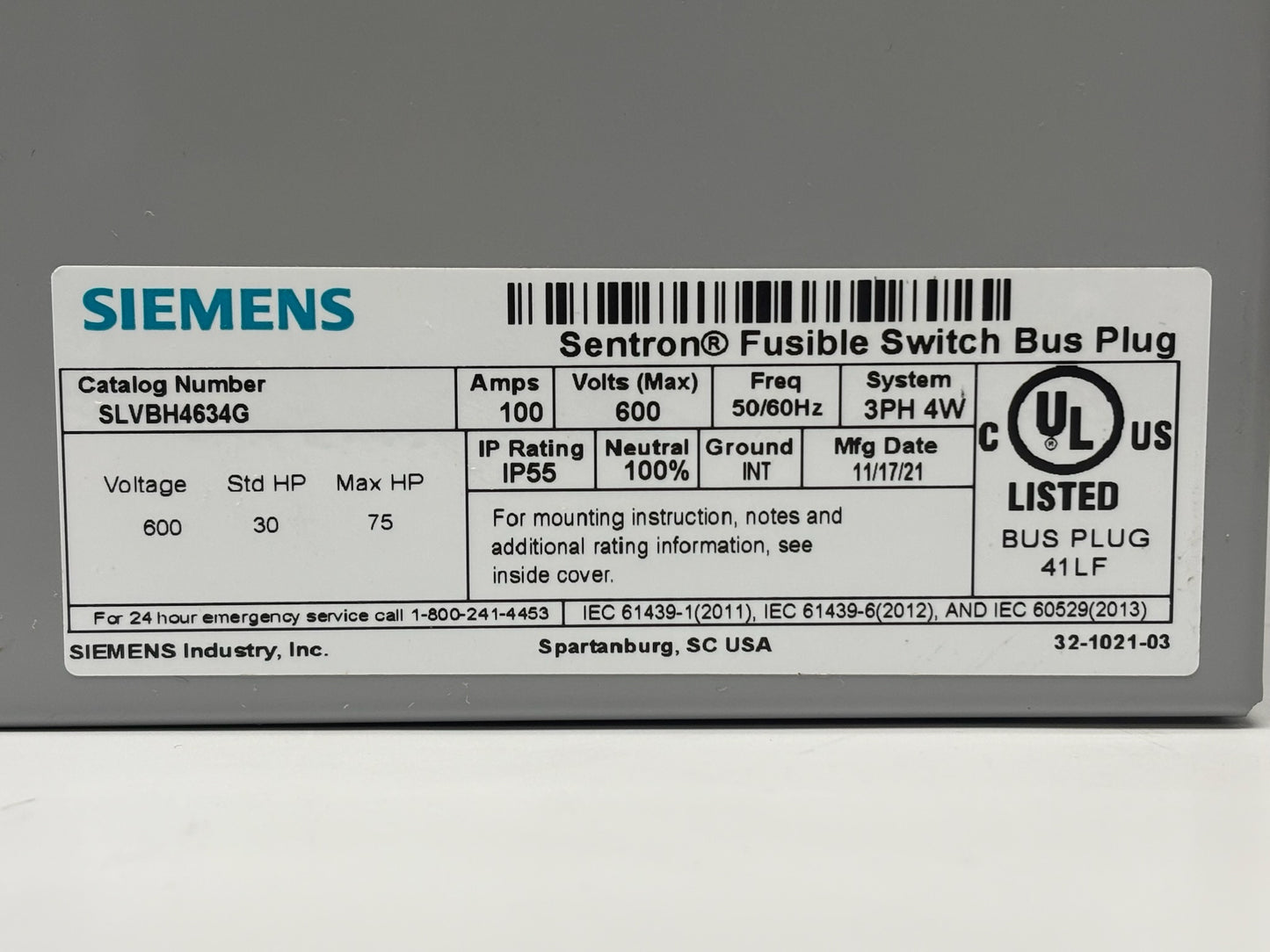Siemens Sentron SLVBH4634G Bus Plug 100 Amp 600V 4‑Wire IP55