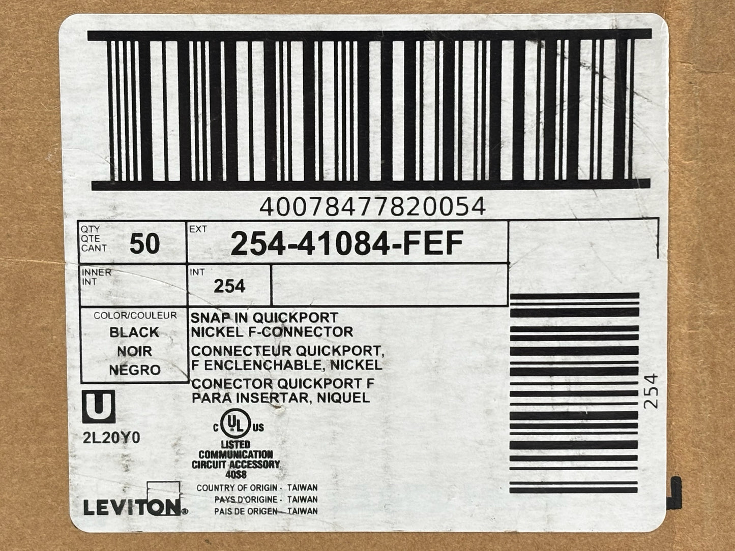 50 PK Leviton 41084‑FEF QuickPort F‑Connector — Female-to-Female 75 Ω Snap-In Adapter