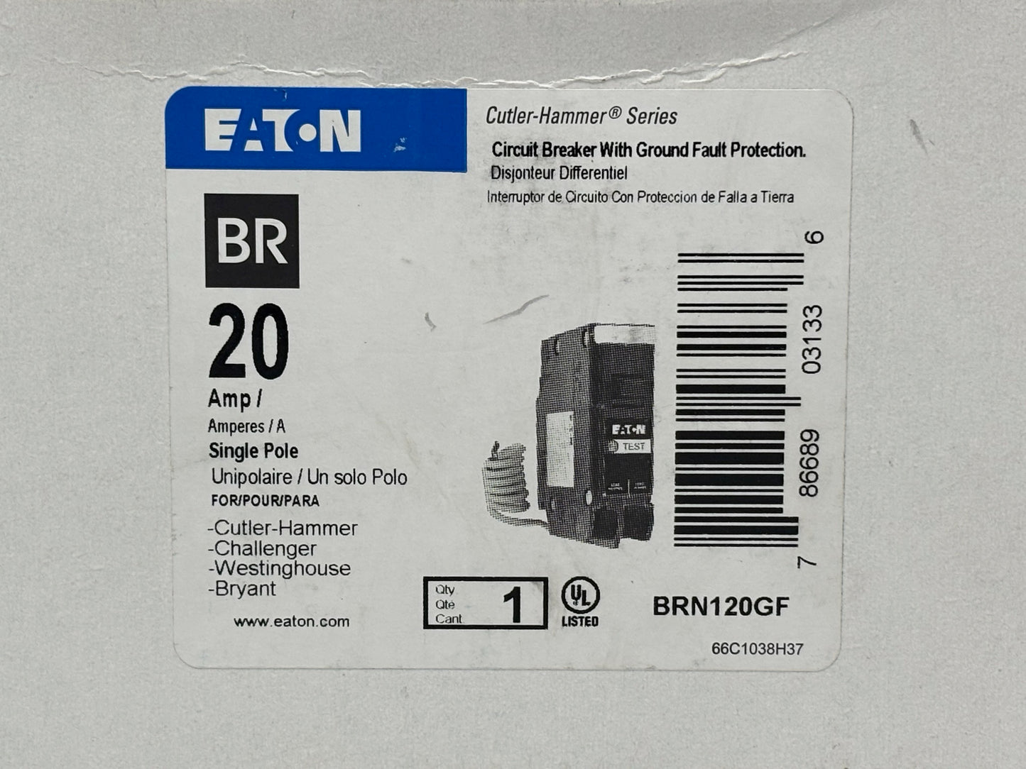 Eaton BRN120GF 20A Single-Pole GFCI Circuit Breaker – 120/240V
